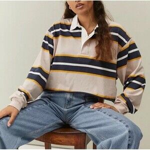 Urban Outfitters BDG Women’s Cropped Striped Long Sleeve Rugby Polo Shirt- Med